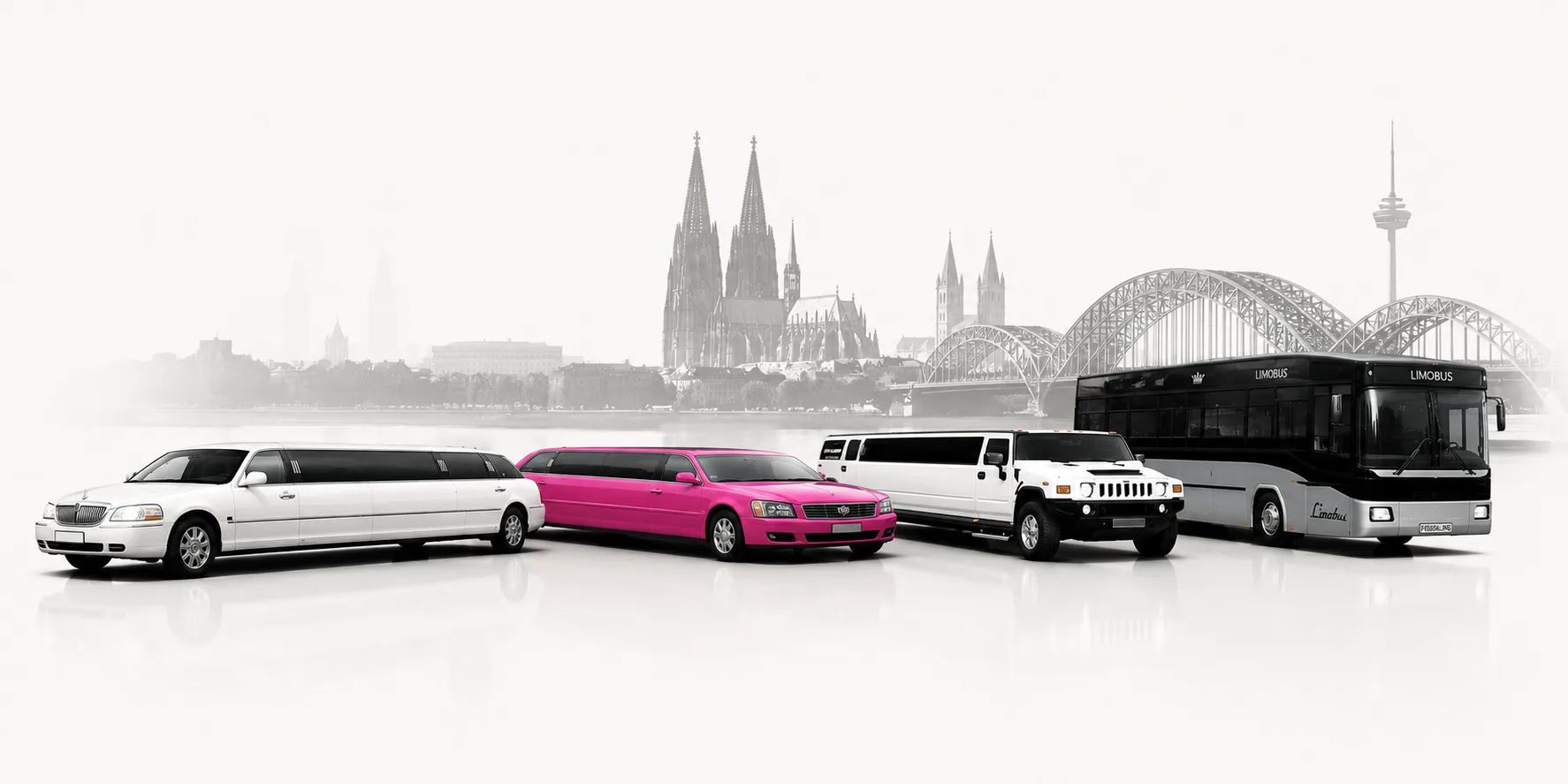 Die Fiestalimo Fahrzeugflotte vor der Kölner Skyline