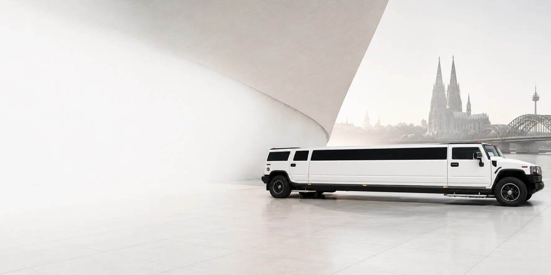 Weiße Cadillac Stretchlimousine von Fiestalimo vor der Kölner Skyline